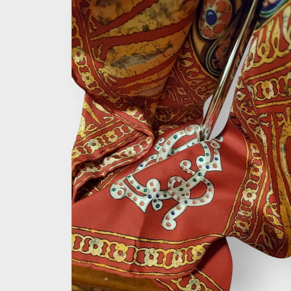 DIOR Vintage Red, Gold & Blue Silk Scarf - Intricate Hand Rolled Edges 90 Square
